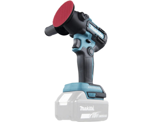 Makita Akku-Schleifer und Polierer 18 Volt LXT, bürstenloser Motor, Seitengriff, Schleifteller, Akku, Makita Logo.