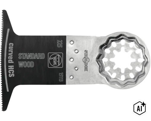 Fein E-Cut Standard-Sägeblatt für Holz aus High Carbon Steel mit Starlock-Aufnahme und gebogener Schneidkante. (Image AI modified or generated)