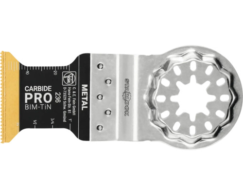 Fein E-Cut Sägeblatt Carbide Pro BiM-TiN für Metall mit Starlock-Aufnahme und Millimeter-Skala.