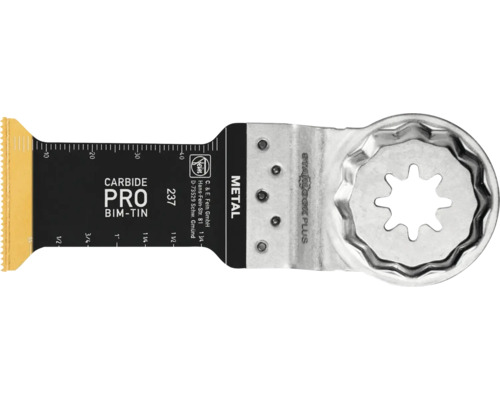 Fein Starlock Plus Carbide Pro BIM-TiN Tauchsägeblatt für Metall mit Millimeter- und Zollskala.