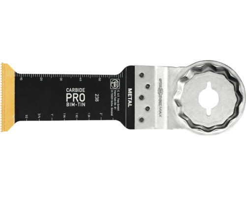Fein E-Cut Carbide Pro Sägeblatt für Metall mit Starlock Max Aufnahme, Messskala und Fein Logo.