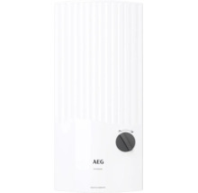 Elektronischer AEG Durchlauferhitzer mit Drehregler für Wassertemperatur und vertikal strukturierter Front. AEG Logo.