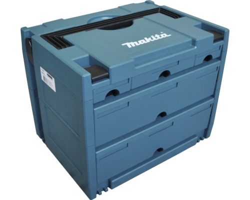 Makita Werkzeugbox MAKPAC mit drei Schubladen und Tragegriff. Makita Logo auf der Oberseite.