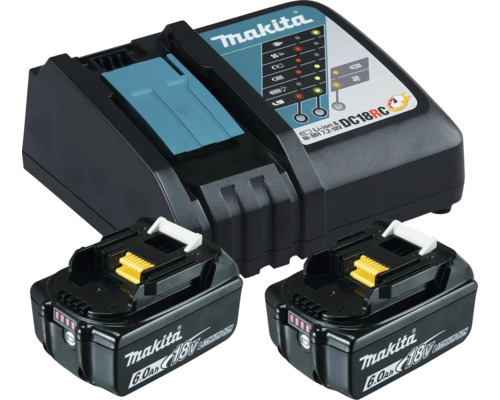 Makita Schnellladegerät DC18RC mit zwei Lithium-Ionen-Akkus 18 Volt und 6,0 Amperestunden.