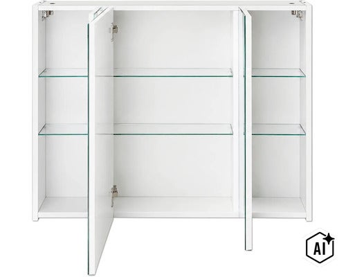 Dreitüriger Spiegelschrank für das Badezimmer mit Glaseinlegeböden und weißem Korpus, mittlere Tür geöffnet. (Image AI modified or generated)