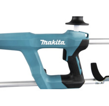 Detailansicht des Griffs eines Makita Gartengeräts mit Makita Logo, ergonomischem Handgriff und Armstütze.