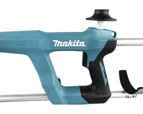 Detailansicht des Griffs eines Makita Gartengeräts mit Makita Logo, ergonomischem Handgriff und Armstütze.