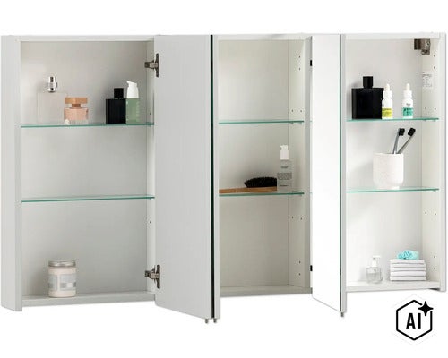 Weißer Badezimmerspiegelschrank mit drei offenen Türen, Glaseinlegeböden und verschiedenen Badezimmerutensilien. (Image AI modified or generated)