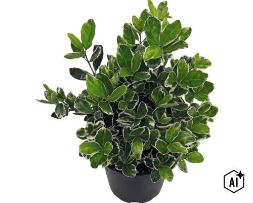 Kriechspindel Euonymus fortunei Emerald Gaiety in einem schwarzen Kunststofftopf. (Image AI modified or generated)
