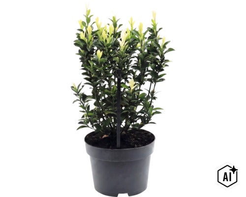Japanischer Spindelstrauch Paloma Blanca im Pflanztopf mit Stützstab. (Image AI modified or generated)