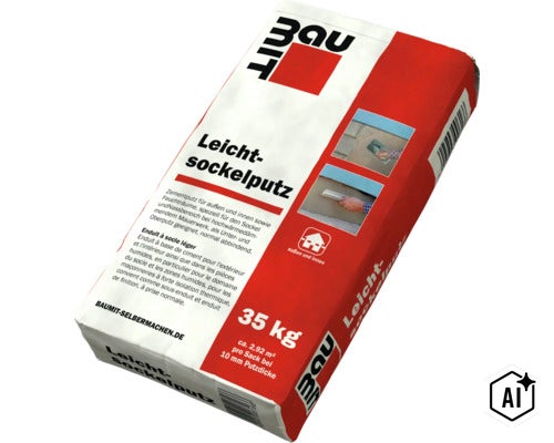 35 Kilogramm Sack Baumit Leicht-sockelputz für den Außen- und Innenbereich, Zementputz für Sockel und Nassbereiche. (Image AI modified or generated)
