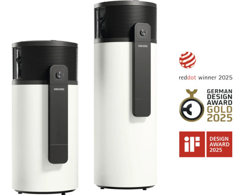 Zwei Stiebel Eltron Warmwasser-Wärmepumpen in verschiedenen Größen, Gewinner des Red Dot, German Design und iF Design Award zweitausendfünfundzwanzig.
