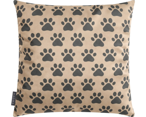 Quadratisches Zierkissen in Beige mit grauen Pfotenabdrücken von Magma.