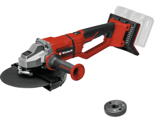 Einhell Professional Akku-Winkelschleifer in Rot und Schwarz mit bürstenlosem Motor, Zusatzhandgriff und Schnellspannmutter.