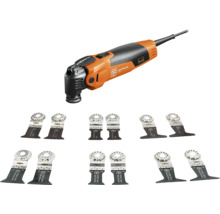 Fein Multimaster Multitool mit umfangreichem Zubehörset an Sägeblättern für verschiedene Anwendungen.