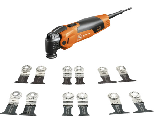 Fein Multimaster Multitool mit umfangreichem Zubehörset an Sägeblättern für verschiedene Anwendungen.
