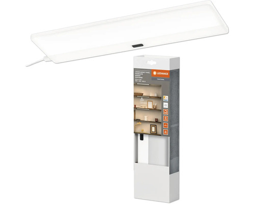 Rahmenloses LEDVANCE LED-Unterbaupanel mit Sensor und Verpackung. Dimmbare Leuchte mit einstellbarer Farbtemperatur.