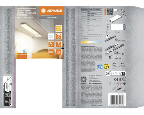 Verpackung der LEDVANCE Unterbauleuchte Socket Frameless Extension, 300 Lumen, 3.85 Watt, 3000 Kelvin, 3 Jahre Garantie. LEDVANCE Logo.