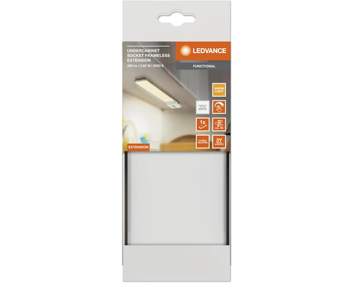 LEDVANCE Logo, rahmenlose Unterbauleuchte Erweiterung, 300 Lumen, 3,85 Watt, 3000 Kelvin, warmweißes Licht, maximal viermal erweiterbar.