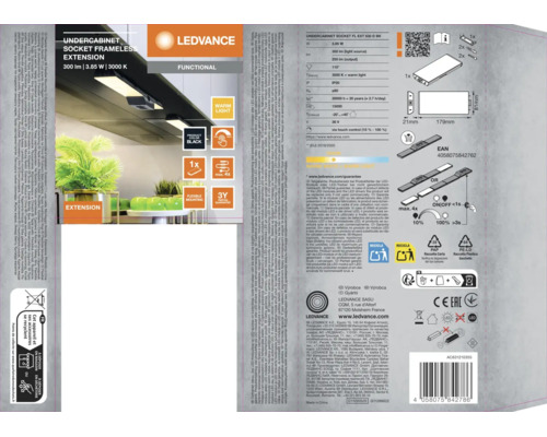 Verpackung der schwarzen LEDVANCE Undercabinet Socket Frameless Extension, 3,85 Watt, 300 Lumen, 3000 Kelvin warmweißes Licht, inklusive Zubehör.