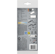 Rückseite der Verpackung einer LEDVANCE Unterbauleuchte mit technischen Daten wie 3,85 Watt, 250 Lumen, 3000 Kelvin und Abmessungen.