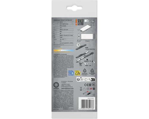 Rückseite der Verpackung einer LEDVANCE Unterbauleuchte mit technischen Daten wie 3,85 Watt, 250 Lumen, 3000 Kelvin und Abmessungen.
