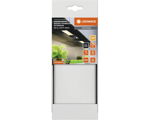 LEDVANCE Unterbauleuchte Socket Frameless Extension, warmweißes Licht, 300 Lumen, dimmbar, schwarz, LEDVANCE Logo.