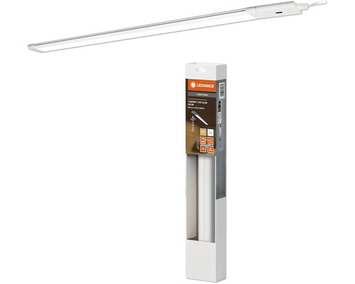 Flache LED-Unterbauleuchte Ledvance Cabinet LED Slim mit Sensor, 50 Zentimeter, 810 Lumen, 3000 Kelvin, warmweißes Licht, inklusive Produktverpackung.