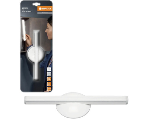 Ledvance LEDSTIXX USB LED-Stableuchte, kaltweißes Licht, dimmbar, silberfarben, inklusive Akku. Verpackung zeigt die Montage an einem Schrank.