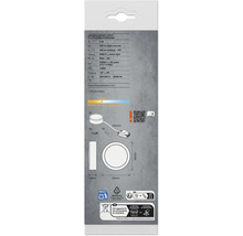 Rückseite der Verpackung für LED-Unterbauleuchten mit technischen Daten wie 3 Watt, 3000 Kelvin, 250 Lumen und Maßen von 65 Millimeter.