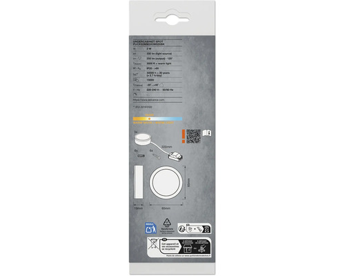 Rückseite der Verpackung für LED-Unterbauleuchten mit technischen Daten wie 3 Watt, 3000 Kelvin, 250 Lumen und Maßen von 65 Millimeter.