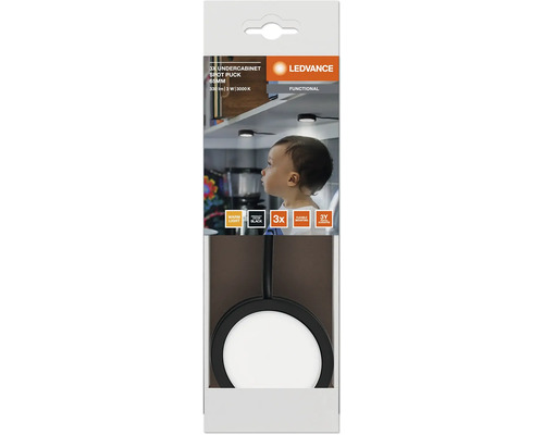 Ledvance 3er-Set Unterbauleuchten Spot Puck, schwarz, 65 Millimeter, 330 Lumen, 3 Watt, 3000 Kelvin, warmweißes Licht.