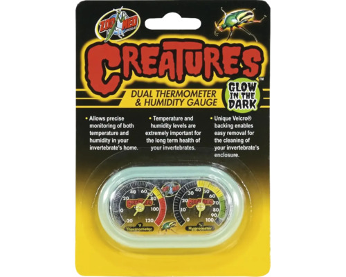 Zoo Med Creatures Dual Thermometer und Hygrometer für Terrarien zur Messung von Temperatur und Luftfeuchtigkeit mit Klettverschluss