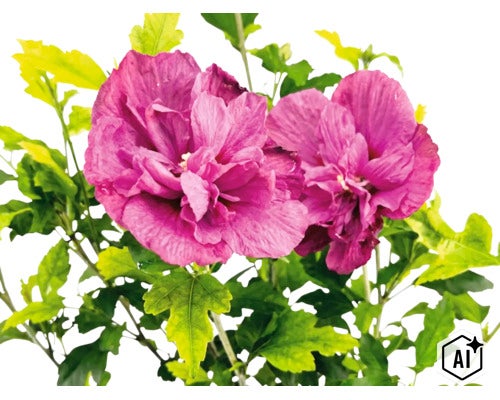 Nahaufnahme von zwei violetten, gefüllten Hibiskusblüten mit grünen Blättern. (Image AI modified or generated)