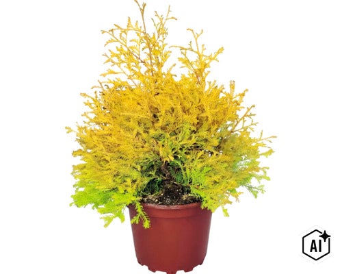 Immergrüner Lebensbaum Thuja mit gelb-grünen Nadeln in einem braunen Pflanztopf. (Image AI modified or generated)