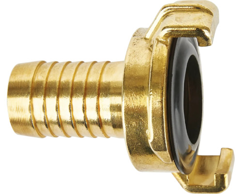 Geka-Schnellkupplung aus Messing mit Schlauchtülle und Dichtungsring für Wasserschläuche.