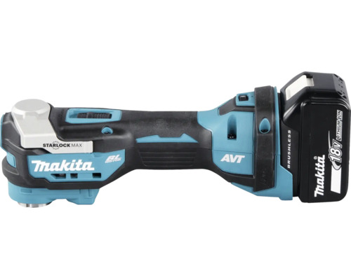 Makita 18 Volt Akku-Multitool mit Starlock Max Werkzeugaufnahme, AVT-Technologie, bürstenlosem Motor und aufgestecktem Lithium-Ionen-Akku.