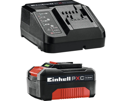 Einhell Power X-Change Starter Kit mit schwarzem Ladegerät und einem schwarz-roten 4,0 Amperestunden Lithium-Ionen-Akku.