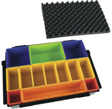 Kleinteile-Organizer mit bunten herausnehmbaren Einsatzboxen und schwarzer Noppenschaumstoff-Einlage.