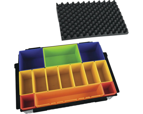 Kleinteile-Organizer mit bunten herausnehmbaren Einsatzboxen und schwarzer Noppenschaumstoff-Einlage.