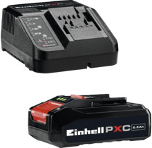 Einhell Power X-Change Starter Kit bestehend aus einem 2,5 Amperestunden Akku und einem Ladegerät für Werkzeuge.