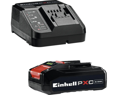 Einhell Power X-Change Starter Kit bestehend aus einem 2,5 Amperestunden Akku und einem Ladegerät für Werkzeuge.