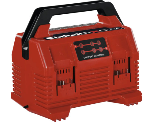 Rotes Einhell Power X-Change Multi-Ladegerät für zwei Akkus mit schwarzem Tragegriff und LED-Statusanzeige.