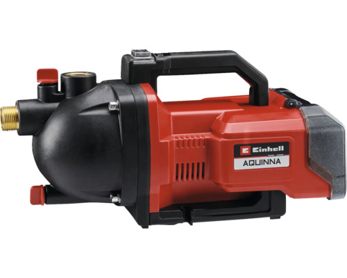 Einhell AQUINNA Akku-Gartenpumpe mit Tragegriff und Messinganschlüssen.