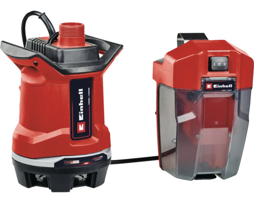 Einhell Akku-Klarwasserpumpe Power X-Change mit separater Akkubox und Kabelverbindung.