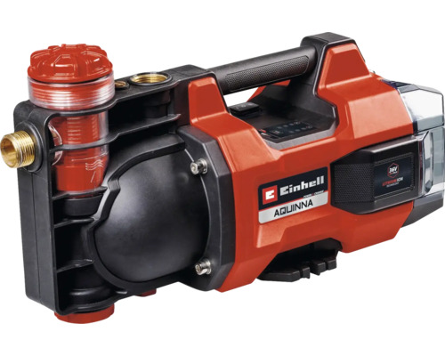 Rote Einhell Akku-Gartenpumpe Aquinna 36 Volt Power X-Change mit Tragegriff, integriertem Vorfilter und Messinganschlüssen.