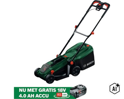 Bosch Akku-Rasenmäher mit Grasfangkorb und einer kostenlosen 18 Volt 4,0 Amperestunden Batterie. (Image AI modified or generated)