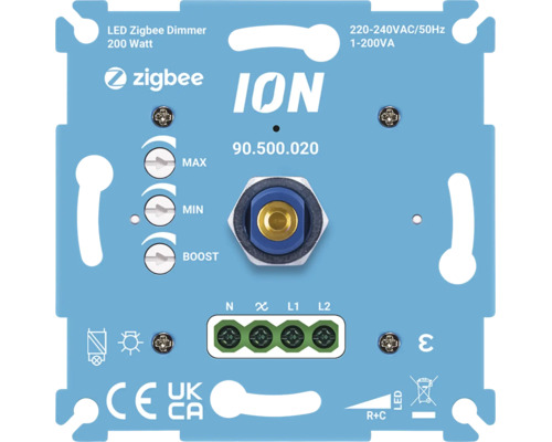 ION Zigbee LED Dimmer 200 Watt für Unterputzmontage mit Einstellmöglichkeiten für Minimum Maximum und Boost inklusive Anschlussklemmen.