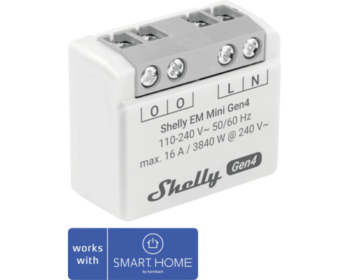 Shelly EM Mini Gen4 Unterputz-Schaltaktor, kompatibel mit SMART HOME by hornbach, 16 Ampere, 240 Volt.