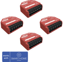 Vier rote Shelly Gen3 Unterputz-Schaltmodule mit Anschlussklemmen, kompatibel mit Smart Home by Hornbach.